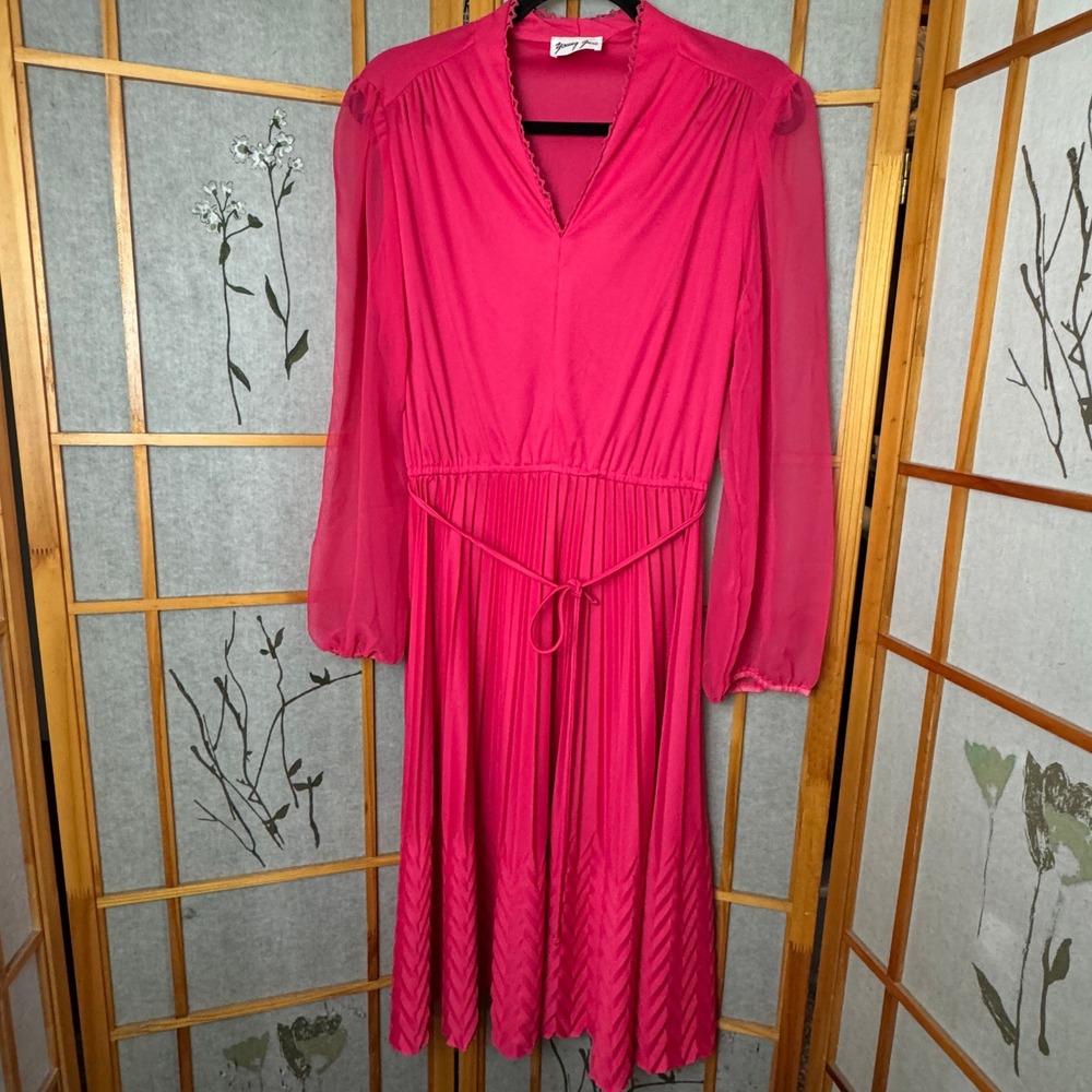 Vintage Young Gare Hot Pink Pleated Chevron Midi Dress Sheer Balloon Sleeve